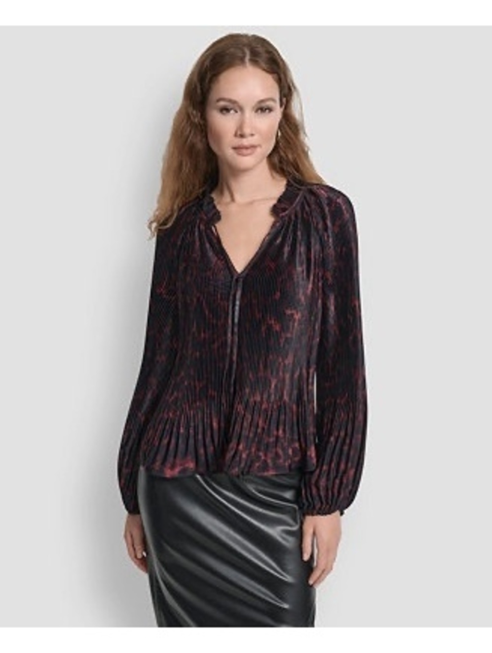 DKNY Pleated Blouse Merlot Cheetah Print Balloon Sleeve Top NWT Size S